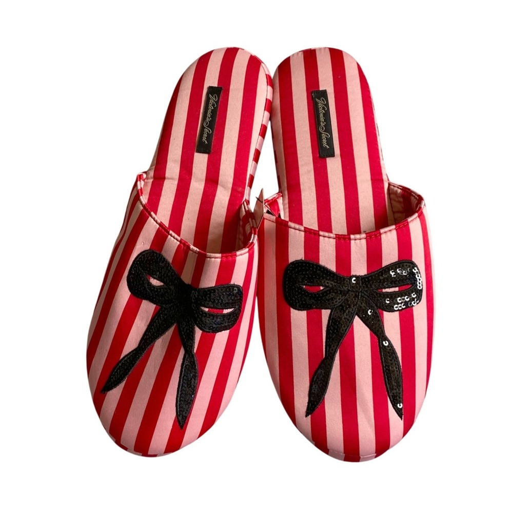 Victoria's Secret Pink Red Striped Satin Sequin Bow Slide Slippers‎ Large NEW